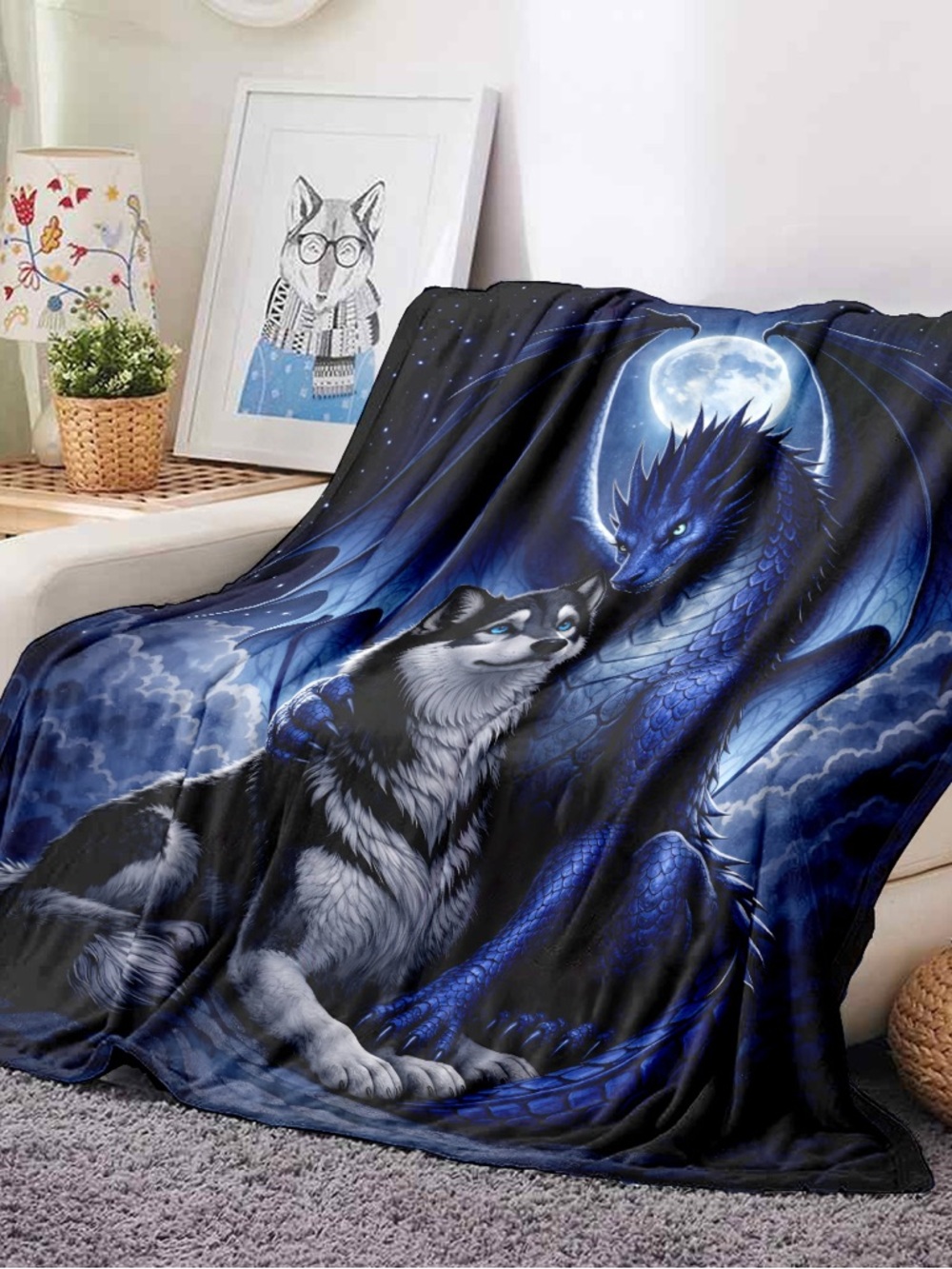 Mystic Blue Dragon & Husky Fleece Throw Blanket - Picture 2 of 6